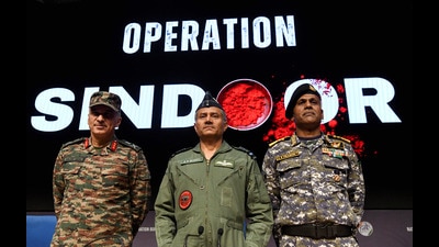 New Delhi, May 12 (ANI): (L-R) DGMO Lieutenant General Rajiv Ghai, Air Marshal AK Bharti and Vice Admiral AN Pramod during the press conference on 'Operation Sindoor', in New Delhi on Monday. (ANI Photo/Rahul Singh) (Rahul Singh)