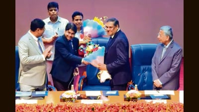 Outgoing CJI Sanjiv Khanna at his farewell function in New Delhi on Tuesday. (PTI)