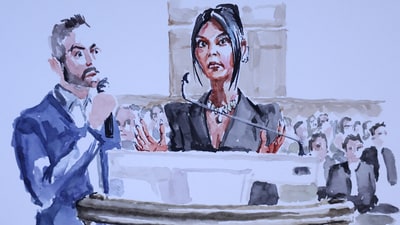 Kim Kardashian testifies at court during the trial of 10 people accused of stealing millions of dollars worth of jewellery from her at gunpoint in her apartment during Paris Fashion Week in 2016, a trial known as the "Rue Tronchet" affair, in Paris, France, May 13, 2025, in this courtroom sketch. REUTERS/ZZIIGG (REUTERS)