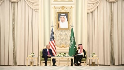 Saudi Crown Prince Mohammed bin Salman (C-R) meets with US President Donald Trump during a bilateral meeting in Riyadh on May 13, 2025. Trump enjoyed a lavish, royal welcome in Saudi Arabia on the first state visit of his second term, with the US president foremost focused on business deals at the start of a Gulf tour. (Photo by Brendan SMIALOWSKI / AFP) (AFP) Saudi Crown Prince Mohammed bin Salman (C-R) meets with US President Donald Trump during a bilateral meeting in Riyadh on May 13, 2025. Trump enjoyed a lavish, royal welcome in Saudi Arabia on the first state visit of his second term, with the US president foremost focused on business deals at the start of a Gulf tour. (Photo by Brendan SMIALOWSKI / AFP) (AFP)