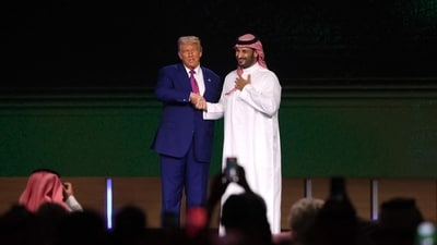 US President Donald Trump greets Saudi Crown Prince Mohammed bin Salman during the Saudi-US investment forum at the King Abdul Aziz International Conference Centre in Riyadh on May 13, 2025. (AFP) US President Donald Trump greets Saudi Crown Prince Mohammed bin Salman during the Saudi-US investment forum at the King Abdul Aziz International Conference Centre in Riyadh on May 13, 2025. (AFP)