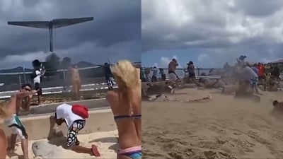 Tourists are seen at Maho Beach near the St Martin Airport. (X/@NoContextHumans) Tourists are seen at Maho Beach near the St Martin Airport. (X/@NoContextHumans)