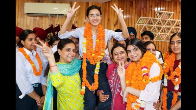 Students celebrate the Class 12th CBSE examination result in Patiala on Tuesday. (ANI) Students celebrate the Class 12th CBSE examination result in Patiala on Tuesday. (ANI)