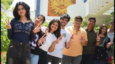 Students celebrate their success after the Central Board of Secondary Education (CBSE) announced Class 12 in Gurugram on Tuesday. (Parveen Kumar/Hindustan Times) Students celebrate their success after the Central Board of Secondary Education (CBSE) announced Class 12 in Gurugram on Tuesday. (Parveen Kumar/Hindustan Times)