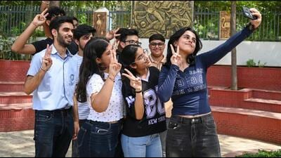 Students of Blue Bells Model School celebrate their results in CBSE class 12 examination on Tuesday. (Parveen Kumar/HT Photo) Students of Blue Bells Model School celebrate their results in CBSE class 12 examination on Tuesday. (Parveen Kumar/HT Photo)