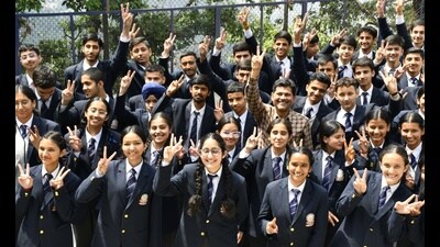 Students of DAV School, Lakkar Bazar, celebrate after declaration of CBSE results, in Shimla on Tuesday. (Deepak Sansta/HT)