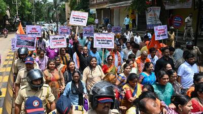 Thane, India. Aug 21, 2024: Workers of the Shiv Sena Party (UBT) held protest against the alleged sexual assault of two four-year-old girls by a cleaning staff member in a Badlapur school in Thane, India, on Wednesday, August 21, 2024. (Photo by Raju Shinde/Hindustan Times)
