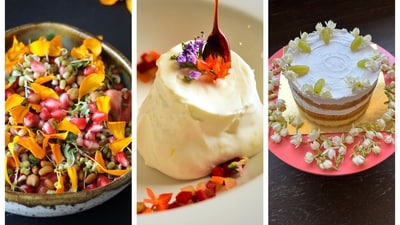 Marigold and Mixed Sprouts Salad, Rhododendron posset and Mogra and Green Grape Gateaux