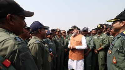 Prime Minister Narendra Modi interacting with armed forces personnel at the Adampur air base on Tuesday. (HT Photo) Prime Minister Narendra Modi interacting with armed forces personnel at the Adampur air base on Tuesday. (HT Photo)