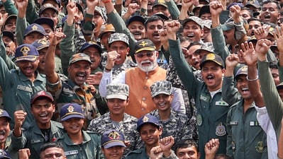 Prime Minister Narendra Modi and members of the Armed Forces chant 'Vande Mataram' and 'Bharat Mata Ki Jai' during his visit to Adampur Air Base, in Jalandhar on Tuesday. (DPR PMO) Prime Minister Narendra Modi and members of the Armed Forces chant 'Vande Mataram' and 'Bharat Mata Ki Jai' during his visit to Adampur Air Base, in Jalandhar on Tuesday. (DPR PMO)