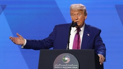 US President Donald Trump speaks during the Saudi-US investment forum at the King Abdul Aziz International Conference Center in Riyadh on May 13, 2025. (AFP)