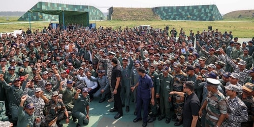 Soldiers at Adampur airbase on Tuesday during PM Modi's visit. The airbase had sustained limited damage to equipment and personnel in Pakistan's attack bid. (HT Photo) Soldiers at Adampur airbase on Tuesday during PM Modi's visit. The airbase had sustained limited damage to equipment and personnel in Pakistan's attack bid. (HT Photo)