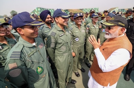 PM Modi seen interacting with the Indian Air Force personnel at Punjab's Adampur visit during his visit on Tuesday morning. (HT Photo) PM Modi seen interacting with the Indian Air Force personnel at Punjab's Adampur visit during his visit on Tuesday morning. (HT Photo)