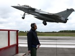 A French fighter aircraft Rafale M, manufactured by Dassault Aviation, takes part in a practice session for a simulated landing on an aircraft carrier at the Landivisiau Navy Air Base (in Saint-Servais, Brittany, France, 