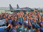 Prime Minister Narendra Modi, left, greets Indian Air Force officers during a visit to air force station Adampur, India, Tuesday, May 13, 2025. Prime Minister Narendra Modi, left, greets Indian Air Force officers during a visit to air force station Adampur, India, Tuesday, May 13, 2025.