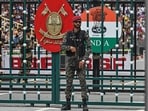 A Pakistani Ranger stands guard during the 'Beating Retreat' ceremony at the border gates of Pakistan and India at the Wagah border post.