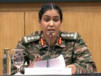 Colonel Sofiya Qureshi addresses a press conference after the India-Pak ceasefire agreement, in New Delhi on Saturday.
Colonel Sofiya Qureshi addresses a press conference after the India-Pak ceasefire agreement, in New Delhi on Saturday.