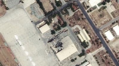 This satellite image provided by Maxar Technologies shows a damaged structure at PAF Base Shahbaz Jacobabad in Northern Sindh province, Pakistan, on May 11, 2025. (AP) This satellite image provided by Maxar Technologies shows a damaged structure at PAF Base Shahbaz Jacobabad in Northern Sindh province, Pakistan, on May 11, 2025. (AP)