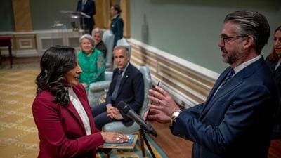 Anita Anand, Minister of Foreign Affairs, is sworn in at Rideau Hall for the cabinet's swearing-in ceremony in Ottawa, Canada, on Tuesday. (AFP) Anita Anand, Minister of Foreign Affairs, is sworn in at Rideau Hall for the cabinet's swearing-in ceremony in Ottawa, Canada, on Tuesday. (AFP)