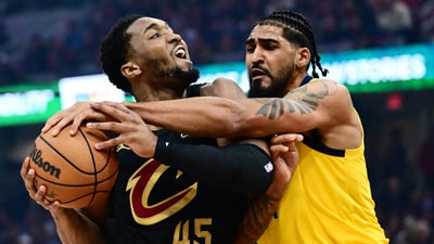 NBA playoff: Cleveland, Ohio, USA; Cleveland Cavaliers guard Donovan Mitchell (45) drives to the basket against Indiana Pacers forward Obi Toppin (1) during the first half of game five of the second round for the 2025 NBA Playoffs at Rocket Arena. Mandatory Credit: Ken Blaze-Imagn Images     TPX IMAGES OF THE DAY (IMAGN IMAGES via Reuters Connect)