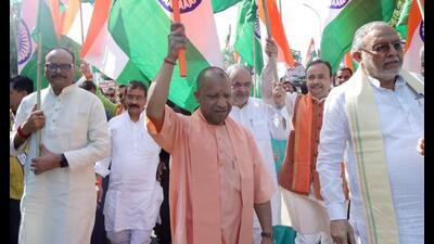 Chief minister Yogi Adityanath leading a ‘Tiranga Yatra’ in Lucknow on Wednesday. (HT photo) Chief minister Yogi Adityanath leading a ‘Tiranga Yatra’ in Lucknow on Wednesday. (HT photo)