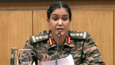 Colonel Sofiya Qureshi addresses a press conference after the India-Pakistan ceasefire agreement on Saturday. (PTI photo) Colonel Sofiya Qureshi addresses a press conference after the India-Pakistan ceasefire agreement on Saturday. (PTI photo)