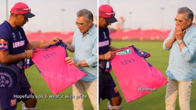 Eugene Levy gets a personalised Rajasthan Royals jersey from Rahul Dravid. Eugene Levy gets a personalised Rajasthan Royals jersey from Rahul Dravid.