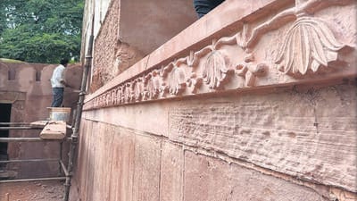 In June 2024, ASI began the first phase of conservation work at the site, which included stabilising the structure of the Sheesh Mahal. (HT PHOTO) In June 2024, ASI began the first phase of conservation work at the site, which included stabilising the structure of the Sheesh Mahal. (HT PHOTO)