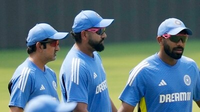 India's coach Gautam Gambhir, left, Rohit Sharma, second left, Jasprit Bumrah attend a practice session (AP) India's coach Gautam Gambhir, left, Rohit Sharma, second left, Jasprit Bumrah attend a practice session (AP)