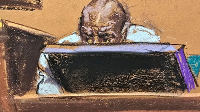 Male stripper Daniel Phillip testifies from behind a monitor during Sean "Diddy" Combs' sex trafficking trial in New York City, New York, U.S., May 13, 2025 in this courtroom sketch. REUTERS/Jane (REUTERS)