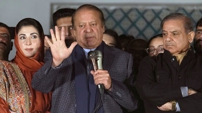 Pakistan's Former Prime Minister Nawaz Sharif, center, addresses supporters next to his brother Shehbaz Sharif. (AP File) Pakistan's Former Prime Minister Nawaz Sharif, center, addresses supporters next to his brother Shehbaz Sharif. (AP File)