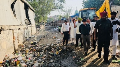 Punjab local government minister Dr Ravjot Singh inspects a street in Dera Bassi on Wednesday. (HT Photo)