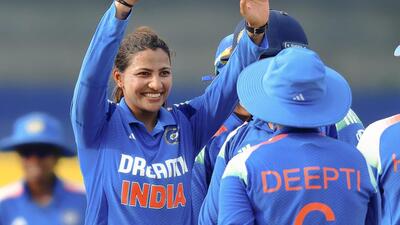 Sneh Rana celebrates a wicket with teammates during the tri-nation final against Sri Lanka. (X/BCCIWomen) Sneh Rana celebrates a wicket with teammates during the tri-nation final against Sri Lanka. (X/BCCIWomen)