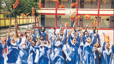 Students from Lucknow Public School celebrate the CBSE results of classes 10th and 12th on Tuesday. (ANI Photo) Students from Lucknow Public School celebrate the CBSE results of classes 10th and 12th on Tuesday. (ANI Photo)