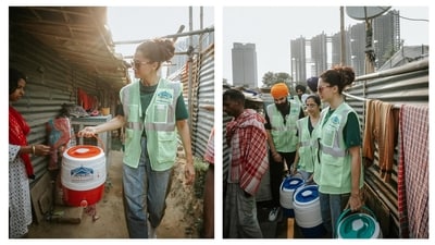 Taapsee Pannu seen distributing water dispensers and bottles in Delhi slums. (Instagram/taapsee) Taapsee Pannu seen distributing water dispensers and bottles in Delhi slums. (Instagram/taapsee)