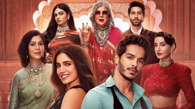 Bhumi Pednekar, Ishaan Khatter, Nora Fatehi, Vihaan Samat, Zeenat Aman, Kavya Trehan and Sakshi Tanwar in a still from The Royals. Bhumi Pednekar, Ishaan Khatter, Nora Fatehi, Vihaan Samat, Zeenat Aman, Kavya Trehan and Sakshi Tanwar in a still from The Royals.
