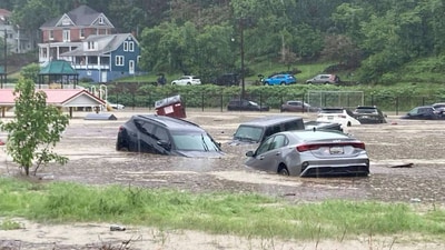 In this photo provided by Alley and Tim Wade, cars can be seen in floodwaters in Westernport, Maryland on Tuesday, May 13, 2025. (Alley and Tim Wade via AP) (AP)
