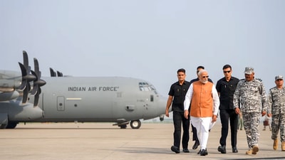 Prime Minister Narendra Modi walks along with Air Force officials upon his arrival at Adampur Air Base, in Jalandhar on Tuesday. (ANI) Prime Minister Narendra Modi walks along with Air Force officials upon his arrival at Adampur Air Base, in Jalandhar on Tuesday. (ANI)