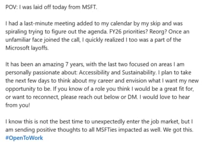 A post by a laid-off Microsoft employee. (LinkedIn) A post by a laid-off Microsoft employee. (LinkedIn)