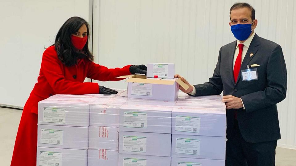 Anita Anand, then Canada’s Minister of Procurement, with India’s then High Commissioner to Ottawa Ajay Bisaria, at the delivery of Covishield vaccines in February 2021. (Credit: High Commission of India, Ottawa) Anita Anand, then Canada’s Minister of Procurement, with India’s then High Commissioner to Ottawa Ajay Bisaria, at the delivery of Covishield vaccines in February 2021. (Credit: High Commission of India, Ottawa)
