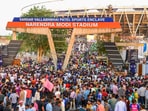 Fans arrive for a Gujarat Titans home match at the Narendra Modi Stadium in Ahmedabad. Fans arrive for a Gujarat Titans home match at the Narendra Modi Stadium in Ahmedabad.