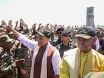 J&K LG Manoj Sinha with defence minister Rajnath Singh during a meeting with armed forces personnel at Badami Bagh Cantt, in Srinagar.