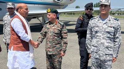 Defence minister Rajnath Singh being received by Army chief Gen. Upendra Dwivedi on his arrival in Srinagar. (PTI) Defence minister Rajnath Singh being received by Army chief Gen. Upendra Dwivedi on his arrival in Srinagar. (PTI)