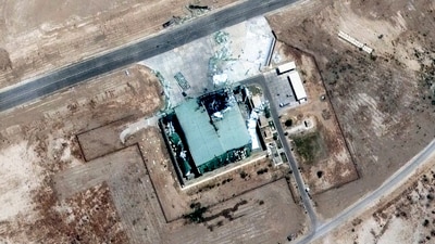 This satellite image provided by Maxar Technologies shows a damaged structure from a military strike at Bholari Air Base in Northern Thatta district, Pakistan, on May 11, 2025. (AP) This satellite image provided by Maxar Technologies shows a damaged structure from a military strike at Bholari Air Base in Northern Thatta district, Pakistan, on May 11, 2025. (AP)