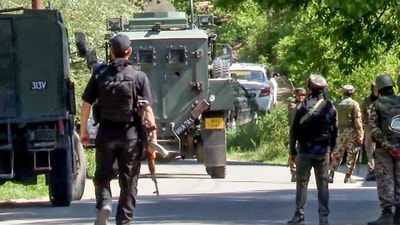 Security personnel undertake a cordon and search operation after getting specific input about the presence of terrorists at Tral area of Awantipora, (PTI) Security personnel undertake a cordon and search operation after getting specific input about the presence of terrorists at Tral area of Awantipora, (PTI)