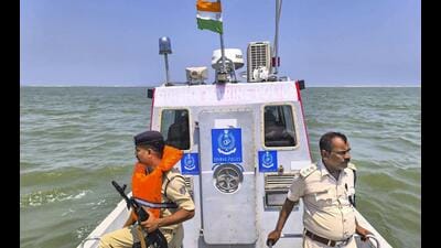 Security personnel patrol the sea off the Odisha coast amid the ongoing tensions between India and Pakistan. (PTI Photo) Security personnel patrol the sea off the Odisha coast amid the ongoing tensions between India and Pakistan. (PTI Photo)