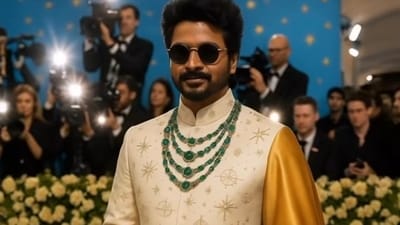 Sivakarthikeyan shined in a star-themed outfit with a dramatic cape made of silk. (Instagram: Jayprints) Sivakarthikeyan shined in a star-themed outfit with a dramatic cape made of silk. (Instagram: Jayprints)