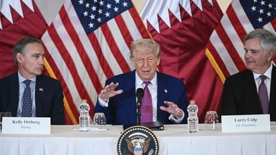 US President Donald Trump (C) is flanked by Boeing CEO Kelly Ortberg (L) and CEO of GE Aerospace Larry Culp during a breakfast with business leaders in Doha on May 15, 2025, where he referred to the Iran nuclear deal (AFP) US President Donald Trump (C) is flanked by Boeing CEO Kelly Ortberg (L) and CEO of GE Aerospace Larry Culp during a breakfast with business leaders in Doha on May 15, 2025, where he referred to the Iran nuclear deal (AFP)