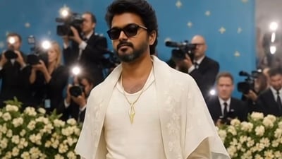 As did Vijay in an all-white outfit with a trailing cape accessorised with gold jewellery. As did Vijay in an all-white outfit with a trailing cape accessorised with gold jewellery. 