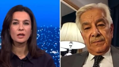 During an interview with Sky News broadcaster Yalda Hakim, Asif stated that Pakistan was carrying out this “dirty work” on behalf of the United States and Western countries, including Britain. (X/Yalda Hakim) During an interview with Sky News broadcaster Yalda Hakim, Asif stated that Pakistan was carrying out this “dirty work” on behalf of the United States and Western countries, including Britain. (X/Yalda Hakim)